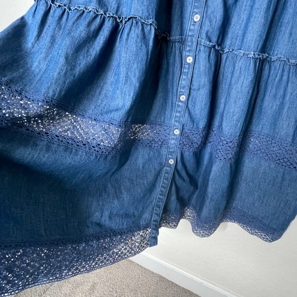 Gap x LoveShackFancy Chambray Tiered Midi Dress Size L Blue Button Down - Picture 3 of 16